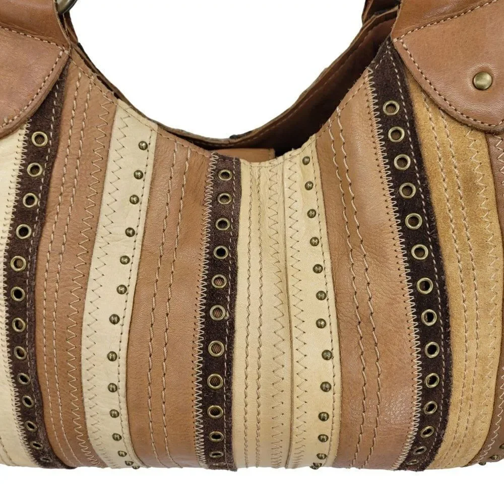 Vintage Fossil Hobo Leather‎ Patchwork Studded Embroidered Shoulder Bag Brown